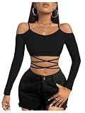 GORGLITTER Damen Off-Shoulder Langarmshirts Bauchfreies Obertei Cut Outs Langarm T-Shirt mit Kreuzgurt Schwarz M
