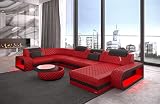 Wohnlandschaft Berlin U Form Leder mit Kopfstützen Sofa mit LED Beleuchtung Moderne Couch (Ottomane rechts, Rot-Schwarz)