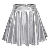 Damen Glänzend Höhe Taille Liquid Mini Rock Metallisch Elastische Taille A-Linien Pull On Skater Röcke (M, Silber)