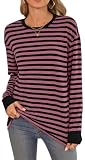 WINKEEY Tshirt Damen Langarmshirt Basic Oberteile Elegant Langärmeliges T-Shirt mit Rundhalsausschnitt Gestreiftes Longsleeve T-Shirt Tuniken Tops,Weinrot XXL