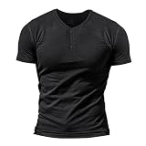Herren Slub Henley T-Shirt Kurz Ärmel Leicht Entspannt Passen Beiläufig mit 3 Knöpfen Knopfleiste Rundhals Hemden Schwarz L