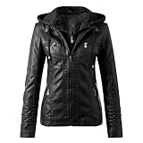 XUEJIANN Damen Lederjacke Mit Abnehmbarer Kapuze ，Für Damen Einfarbig Mit Kapuze Reißverschlusstasche Langarm Crop Slim Fit Mantel Motorrad Biker Jacke Punk Oberbekleidung Mantel Damen Süß