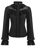 CURLBIUTY Damen Vintage Gothic Oberteile Spitze Rüschen Stehkragen Mittelalter Hemd Langarm Viktorianische Bluse Schwarz XL