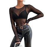 L Size Damen Sexy Netzoberteil Transparent Netz Oberteil Schwarz Mesh Sheer Top mit Rundhalsausschnitt für Clubwear, Partys und Alltagslooks - Weiches, Atmungsaktives Material für Komfort und S