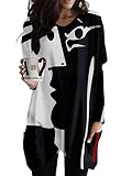 Minetom Damen Langarmshirt V-Ausschnitt Druck Lose Langarm Oberteile Oversize Lang Sweatshirt Tops Asymmetrisch Saum Jumper Pullover Mit Taschen B2 Schwarz Weiß XL