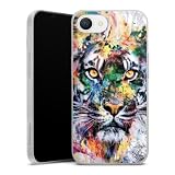 Slim Case extra dünn kompatibel mit Apple iPhone 16e 2025 Silikon Handyhülle transparent Hülle Riza Peker Tiger Wasserfarb