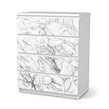 Möbel-Folie passend für IKEA Malm Kommode 4 Schubladen I Möbelfolie - Möbel-Tattoo Sticker Aufkleber I Deko Ideen Wohnung für Esszimmer und Wohnzimmer - Design: Marmor weiß