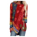 Langarmshirt Damen Pullover - Longshirt Damen Vintage Oberteile Elegant Bluse T Shirt Langarm Asymmetrische mit Blumen Aufdruck Locker Lässig Tunika Top Tee Sweatshirt T-Shirts für F