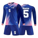 Personalisiertes Fußball Trikot Kinder Personalisiert Trikot mit Namen Nummer Team und Logo Sporttraining Langarm T-Shirts und Shorts für Erwachsene/Kinder, Fußballtrikot Set für Jungen Herren Trik
