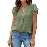T-Shirt Oberteile Damen Shirt Sexy V-Ausschnitt Sommertop Einfarbig Elegant Blusen Rüschenärmeln, lockeres, Atmungsaktives(M-Hellgrün)