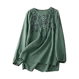 T-Shirt Damen Sommer Tops Frühling Leinenbluse Damen V-Ausschnitt Leinenhemd Baumwolle Und Leinen Langarmshirts Damen Bestickte Hemden Halbarm Freizeitoberteile Langarm Shirts Elegante Ob