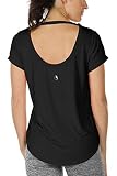 icyzone Damen Yoga T-Shirt Rückenfrei Sport Freizeit Tops Kurzarm Oberteile Loose Casual V-Ausschnitt Shirt (M, Schwarz)