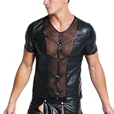 Moinha Herren Leder Shirt mit Mesh Einsatz Sexy Männer Wetlook Shirt Erotische Unterwäsche Schwarz Leder Optik Unterhemd Kurzarm Slim Fit Tank Top Shirt Stretch Clubwear Sommer Muskel Top (L)