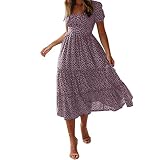 Lange Sommerkleider für Damen, UK 2024, Damenkleider, Sommer, Sommer, Maxikleid, weiß, Sommerkleid, Frühling, lockerer Rundhalsausschnitt, Boho-Kleid, Rüschen, Puffärmel, hohe Taille, Midi-Kleid,