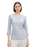 TOM TAILOR Damen Henley Longsleeve mit Streifen aus Bio-Baumwolle, 26053 - Offwhite Navy Small Stripe, M