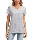 MINTLIMIT Tunika Damen Pailletten Glitzer Oberteil Henley V-Ausschnitt Tops Cap Ärmel T-Shirt (Silbrig XXL)