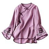 Weiße Oberteile für Damen, Sommeroberteile mit langen Ärmeln, V-Ausschnitt, aus Baumwolle und Leinen, modische Stickerei, einfach und lässig, lockerer Pullover, UK-Größe, 1 x Lila, L, 1 x Violett, 42