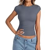 Oversized Tshirt Damen Baumwolle, Bluse Damen Elegant,StrickT-Shirt für mit Rundhals schmaler Passform als weiches Stretch-Basistop für täglichen Komfort Hemdbluse Tee Top B