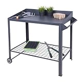 Spetebo Metall Pflanztisch auf Rollen - 90 x 55 cm - Gärtnertisch mit Gitterablage - Garten Arbeitstisch Blumentisch Outdoor Arbeitsplatte mit Ablage rollb