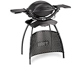 Weber Q 1400 Elektrogrill mit Stand/Tragbarer Stadtgrill, Porzellanemaillierter Gusseisenrost, Schnellheizelement, 43 x 32 cm Grillfläche, Abnehmbare Auffangschale, 1,8 m Netzkabel, Schw