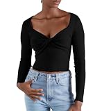 Style Damen T-Shirt mit Langen Ärmeln, Knoten, tiefem V-Ausschnitt, schmale Passform, Oberteil Lederoberteile Für Damen (Black, M)