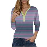 Blusen für Damen, Frühling, Sommer, lässig, gestreift, bedruckt, Knöpfe, Pullover, Blusen, 3/4-Ärmel, V-Ausschnitt, Tunika, T-Shirt, Top, Alltag, leicht, bequem, 001+blue, 3XL