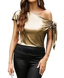 VIDUSSA Schulterfreies Damen-Seiden-Top, lässig, kurzärmelig, asymmetrischer Ausschnitt, Satin-Blusen-Shirt, Gold Shimmer, 3X-Groß