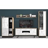 Lomadox Moderne Wohnwand Schrankwand Mediawand TV Möbel Wohnzimmer Set in Catania Eiche Nb. mit schwarz und weiß Hochglanz, B/H/T: ca. 339,5/208,5/40