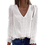 Spitzen Oberteile Damen Langarm - Bluse Elegant T Shirt Damen V Ausschnitt mit Spitze Weiss Punkte Chiffon Langarmshirt Sexy Lockere Lässige Tunika Blusenshirt Top Blusen & Tuniken für D