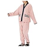 Generisch Schlafanzug Damen Winter, Fleece Knopfleiste Bademantel Set Elegant Loungewear Flauschig Baumwolle Pyjama Teddy Homewear 2-Teiliges Lustig Hausanzug Flanell Kuschelanzug Warmer W