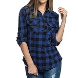 Karierte Hemden für Damen, langärmelig, Knopfleiste, Weihnachtsjacke, Herbstjacke, Übergröße, blau, M