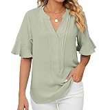 Sommer-Top mit Rüschenärmeln, T-Shirt mit V-Ausschnitt für Damen, Lässiger Stil, Atmungsaktiv für das Büro (XXL)