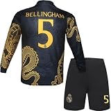 metekoc R. Madrid Bellingham #5 Kinder Trikot Fußball Spezielle Golddrachen-Edition, Langarmtrikot und Shorts, Jugendgrößen (Schwarz Dragon, 28 (10-11 Jahre))