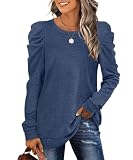 XIEERDUO Damen Pullover Oversize Herbst Sweatshirt Puffärmel Elegant Langarmshirt Winter Oberteile Marineblau M