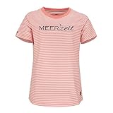 modAS Damen T-Shirt mit Streifen und Print Meerzeit - Ringelshirt Streifenshirt Rundhals Basic Shirt Gestreift in Koralle-Weiß Größe 46