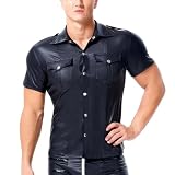 Moinha Herren Leder Hemd Lack-Optik Jacke Herren Wetlook T-Shirt Kurzarm Kunstleder Freizeithemd Männer Shirt mit Knopfleiste Hemd Slim Fit Latex Glänzend Tops Muskelshirt mit B