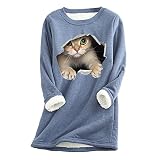 shownicer Damen Langarmshirt Lamm Kaschmir Winter Warme Pullover Sweatshirt Pulli Fleece Sweatshirt Langarm Shirts Oversize Bedrucktes Oberteil Shirts Tops E Blau XXL