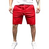 Schwarz Herren Wanderhose Stretch MTB Hose Lang Herren Chino Hose Herren Männliche lässige Shorts mit mittlerer Taille, solide Splice-Tasche, Kordelzug, knielange Shorts Herren Kurze Hose (Red, M)