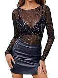 Nivarela Damen Mesh Langarm Slim Fit Oberteil mit Bootsausschnitt, Transparent, Figurbetont, Sexy, Alltag, Büro, Club, Party, Freizeit, Mesh Top Women, Sheer Shirts for Women M Schw