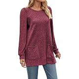 Damen-T-Shirt, einfarbig, Rundhals-Langarmshirt mit Taschen, lässiges T-Shirt Tunika Bluse D