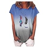 Damen Kurzarm T-Shirt Bunt Federdruck Sommer Tops Lässig O-Ausschnitt Tshirt Kurzen Ärmeln Modisches Shirt Lose Tunika Basic T