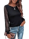 GORGLITTER Damen Langarm T-Shirt mit Spitzen Ärmeln Oberteile Elegant Tops Blusen Langarmshirts Frühling Casualshirt Schwarz S