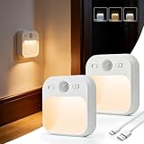 AmmToo Nachtlicht mit Bewegungsmelder - 2 Stück USB-C aufladbar LED Nachtlicht Dimmbares Helligkeit Einstellbare 3 Modi (AUTO/AUS/EIN), Warmweiß LED Nachtlampe für Kinderzimmer, Gang, Treppe, Kü