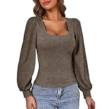 T Shirt Damen Langarm Elegant T-Shirt Quadratischer Kragen Plissee Langarmshirts Einfarbig Longshirt Knit T-Shirt mit Langen Ärmeln und Schmaler Passform Glitzer Top Oberteile(Kaffee,M)