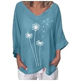 MODSGUE Damen-Oberteil aus Baumwollleinen mit V-Ausschnitt und 3/4-Ärmeln und Löwenzahn-Print Glitzerbluse (Sky Blue, XL)