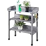 Yaheetech Pflanztisch Outdoor wetterfest, Gärtnertisch 77 x 37 x 90 cm mit verzinkter Arbeitsplatte & 2 Ablagefächer & 3 Haken Blumentisch aus Tannenholz für Garten/Balkon/Terrasse G