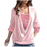AYSDSKI Wasserfallkragen Langarmshirt Damen Pailletten Blusentop Patchwork Pullover mit Gummizug am saum Klassische Passform Bluseshirt Black Friday Angebote 2024 Autumn Winter Bluse S-5XL