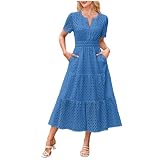 Générique Sommerkleider, Boho, Damen, lässiges Kleid, Strandkleid, Damen, kurzärmelig, bedruckt, Baumwolle, bedruckt, Chiffon, Knopf, T-Shirt, Geldbörse, Plissee, Dunkelblau-1, L