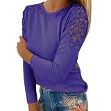 Blusenshirt Damen Rundhals Spitzenärmel Einfarbig Pullover Langarmshirt Sweatshirt Damen Oversized Tshirt Damen Bluse Langarm Tunika Tshirt Schwarz Damen Longshirt mit Leggings Oberteile(Lila,M)