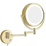 dmartN 8,5-Zoll-LED-Schminkspiegel fürs Badezimmer, Goldener, an der Wand befestigter Schminktisch, doppelseitig, mit Beleuchtung aus Messing, Vergrößerungsspiegel, zusammenklap